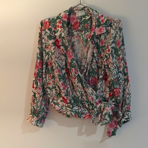 Cropped Botanical Floral Long Sleeve Collared Wrap Blouse Frank & Oak Size Large - Picture 2 of 8